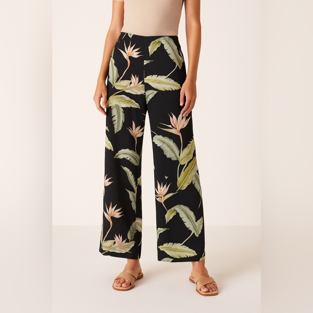 Tommy Bahama Women’s Silk Pants M Black Bird of Paradise Floral Wide Leg